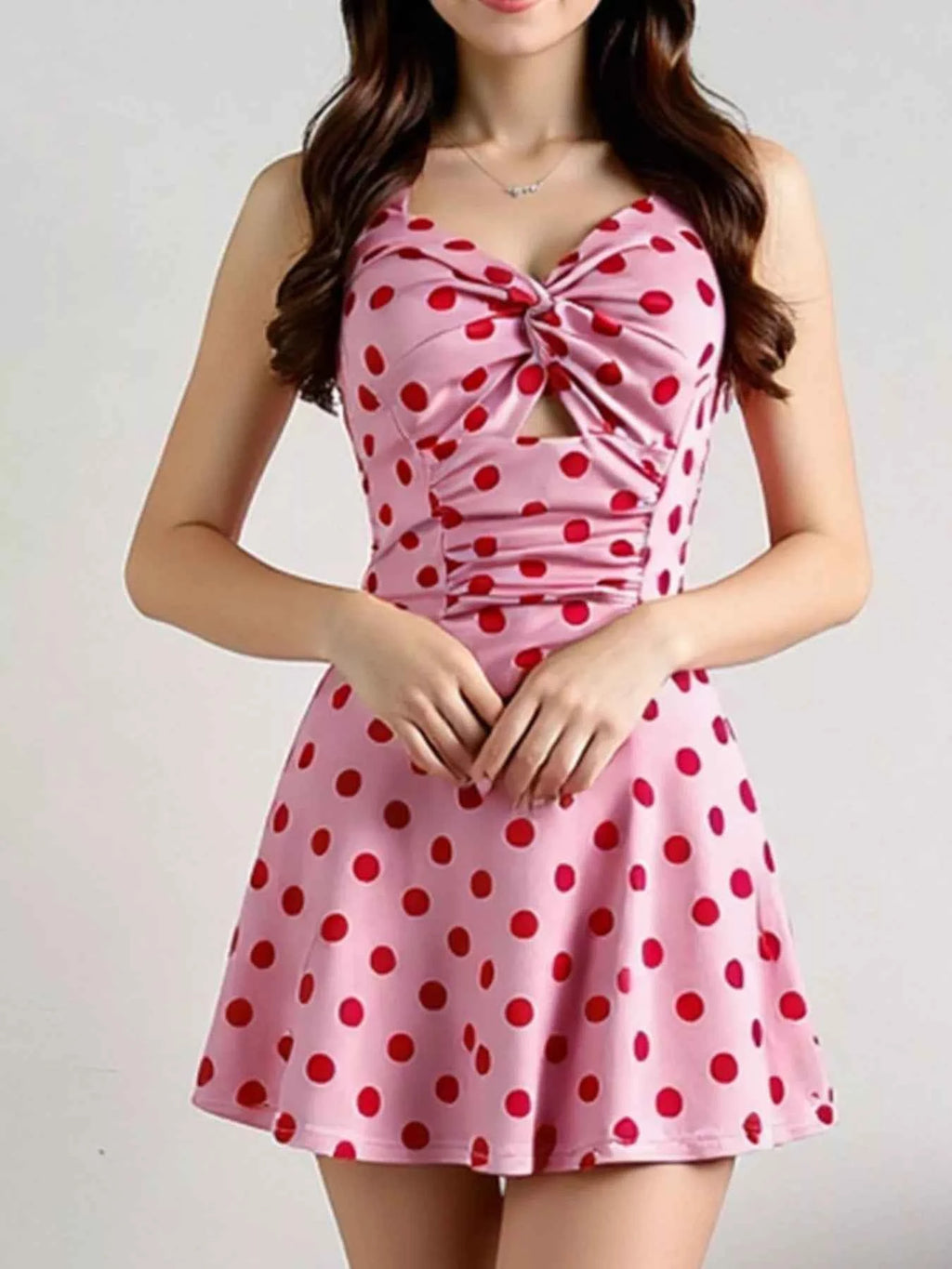 Polka Dot Halter Neck Twisted Front Mini Dress 8971976a-dc08-4210-a847-aa65c20d7764-Max-Origin
