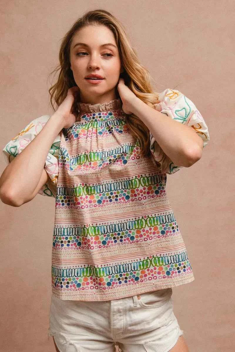 BiBi Ruffle Neckline Blouse With Embroidery Bubble Sleeve 8974b13d683b45299682c2b67e111b4e-Max-Origin