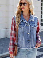 Raw Hem Plaid Sleeve Denim Jacket 897b02885fbb400180021dbb8c5c7661-Max-Origin