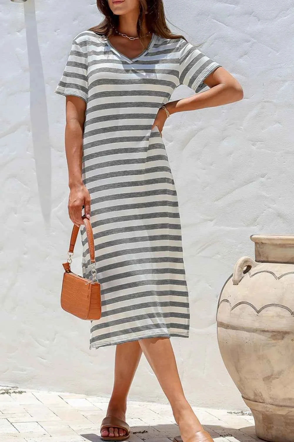 Casual Striped V-Neck Midi T-Shirt Dress Dark Gray 897f74ee-3fb9-4396-92cc-61592ebb113b-Max