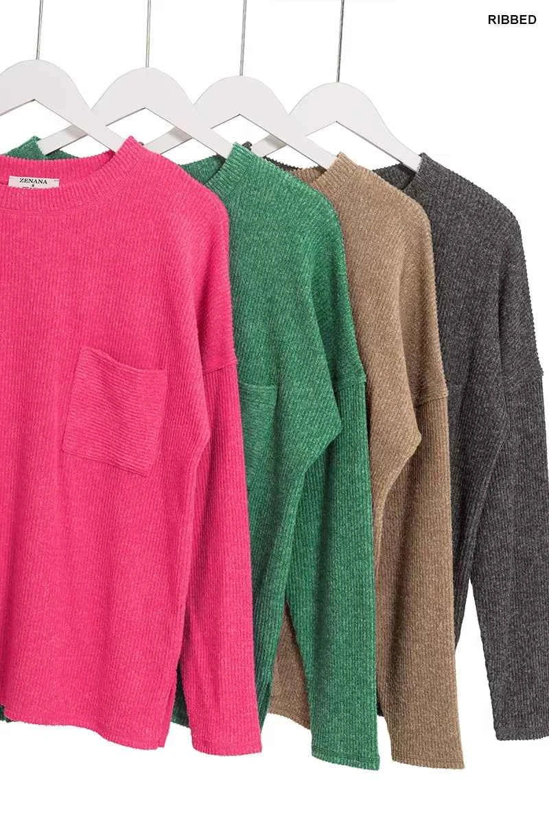 Zenana Ribbed Brushed Melange Hacci Sweater with Chest Pocket 8984c037-848a-45a9-9f90-7c147df37705-Max-Origin