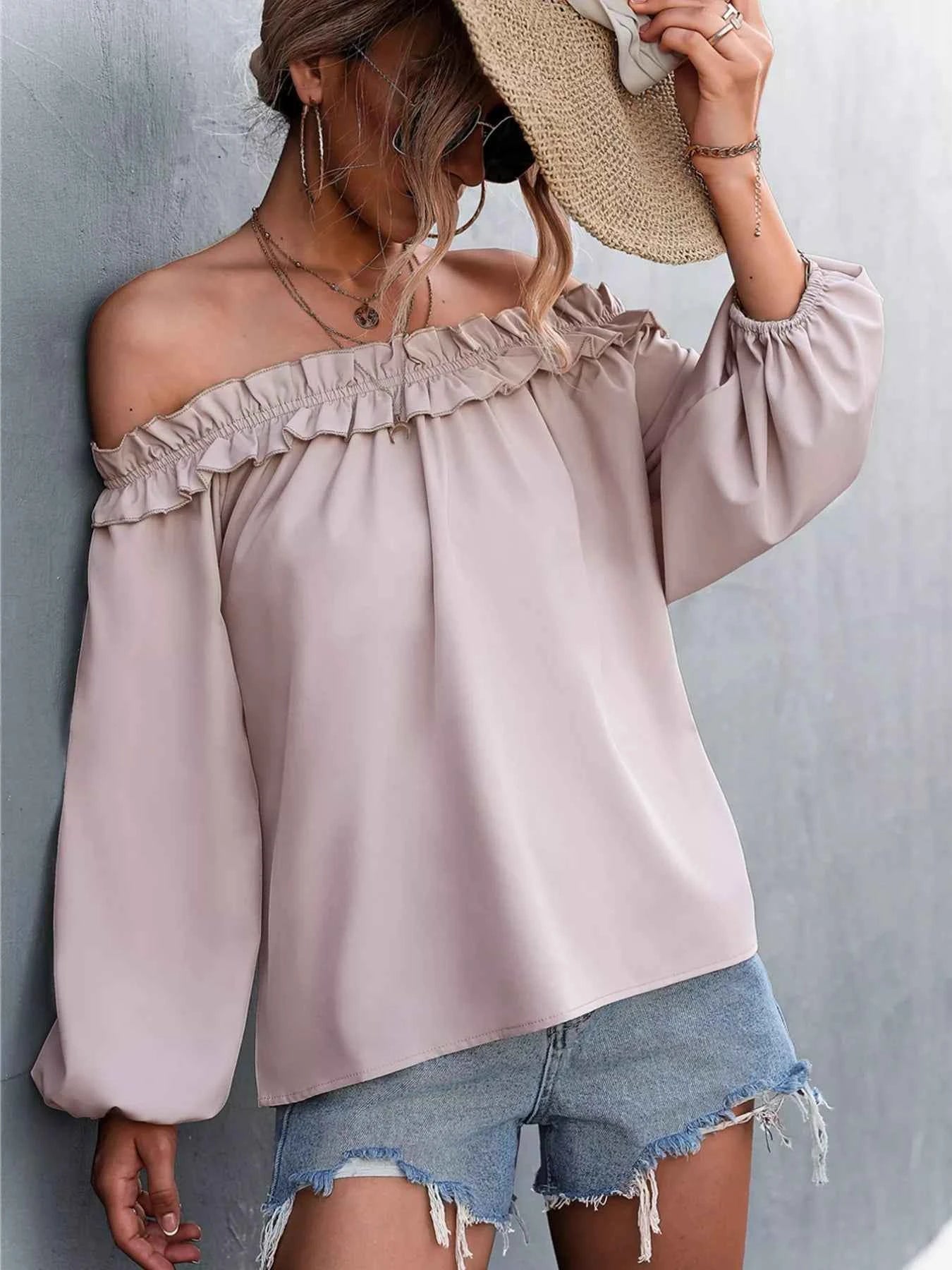 Frill Off-Shoulder Long Sleeve Blouse Dusty Pink 898a8f50-c7a4-423a-84a5-bfcf5772d1f3-Max-Origin
