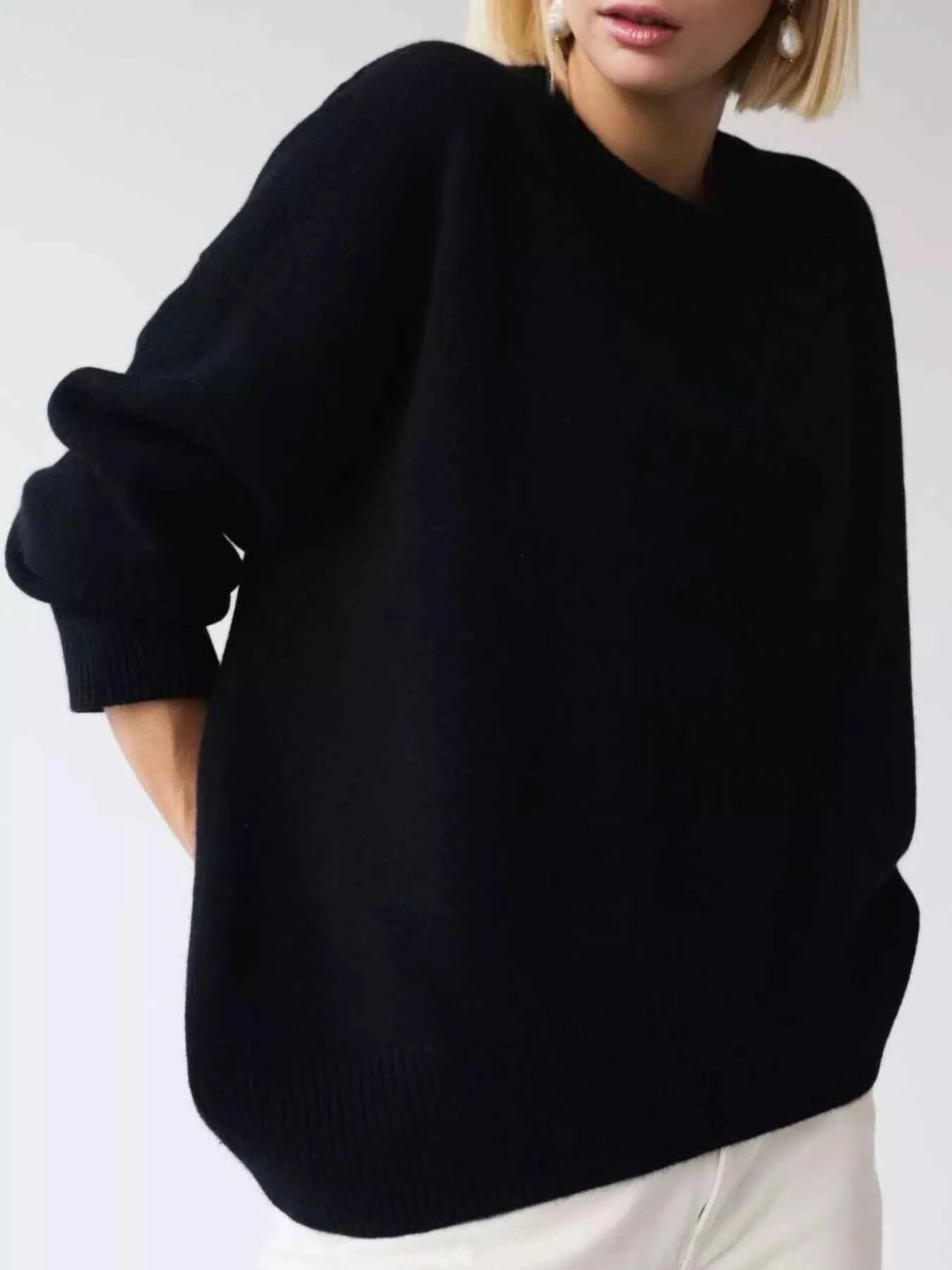 Ribbed Hem Round Neck Sweater Black One Size 898ba2bd-2235-428e-8f51-377c879f0411-Max-Origin