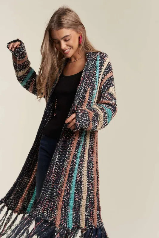 ADORA Multi Colour Sweater Long Cardigan with Fringes NAVY