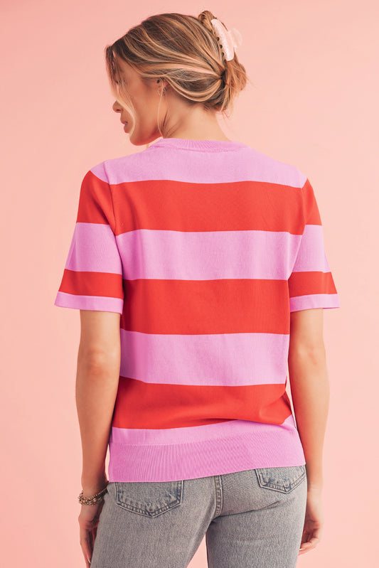 Bright Pink Colorblock Knitted Round Neck T Shirt 898df75d62410c83