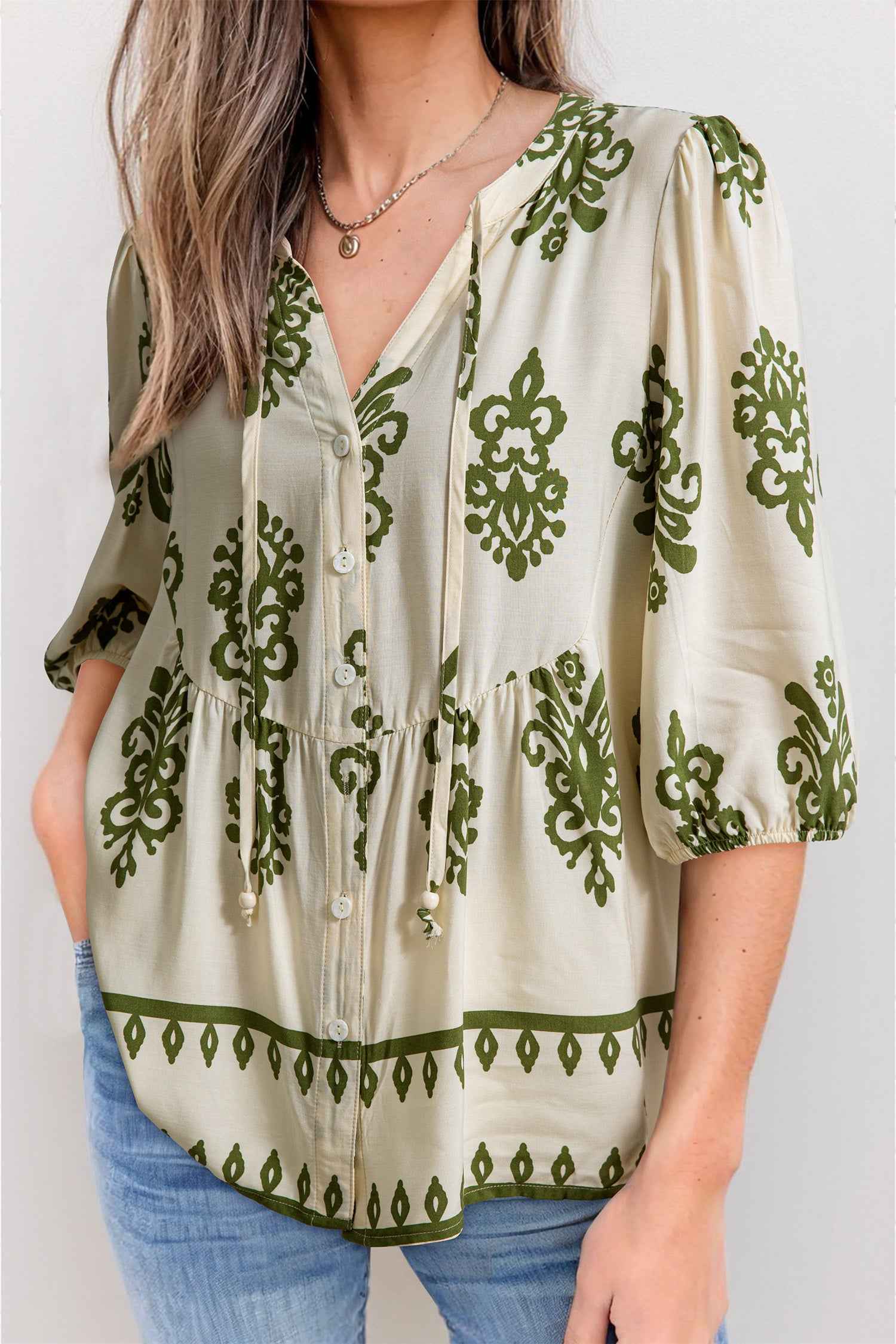 Apricot Floral Print Tie V Neck Button Down Puffy Half Sleeve Shirt Apricot 100%Viscose 8992f6425de26c9f