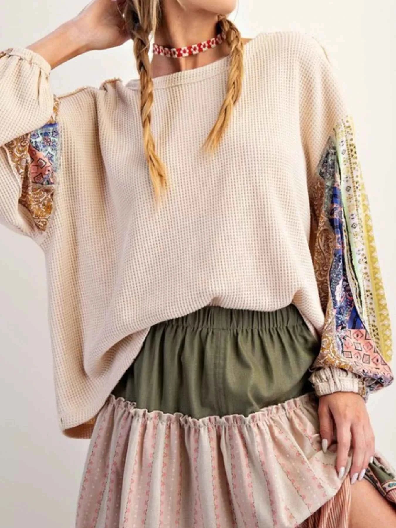 Waffle Knit Round Neck Dropped Shoulder Sweatshirt 8993db0b-5023-4288-91c7-295b8de33eb7-Max-Origin