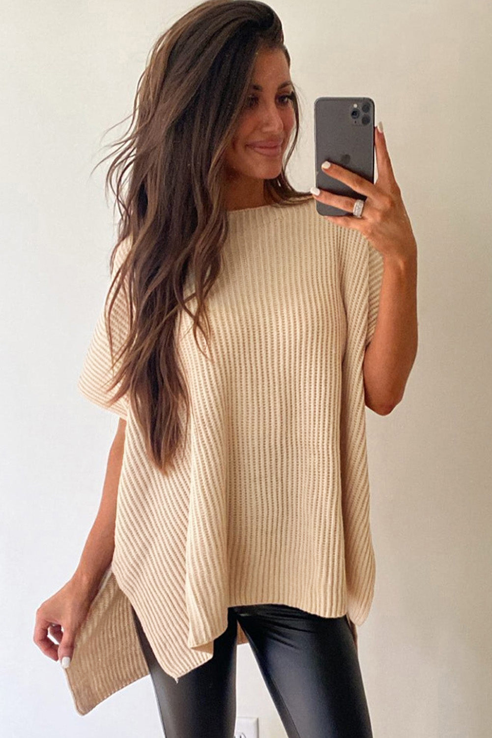 Rose Red Side Slit Short Sleeve Oversized Sweater 8999980b9fae308a
