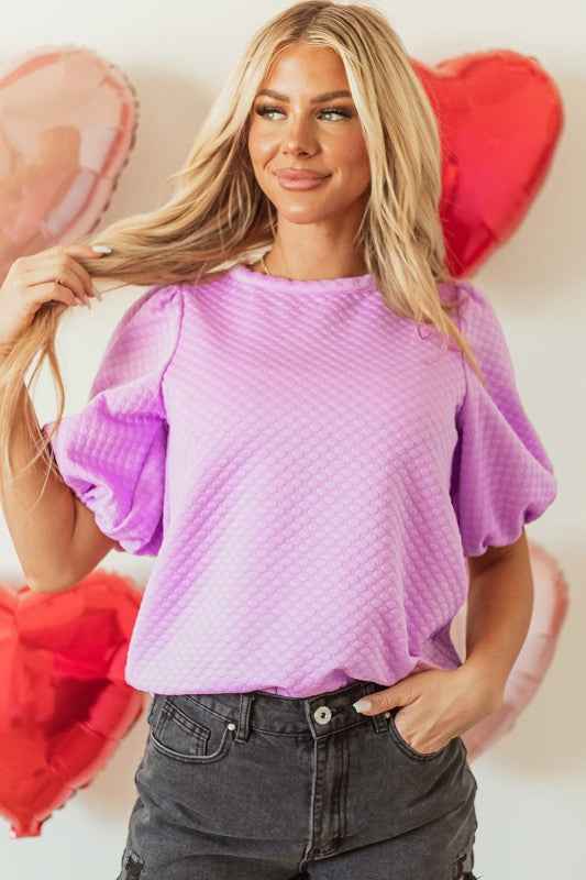 Solid Textured Round Neck Puff Sleeve Blouse Phalaenopsis 899adc7b-6305-4e3c-a917-66fc8dab6cba