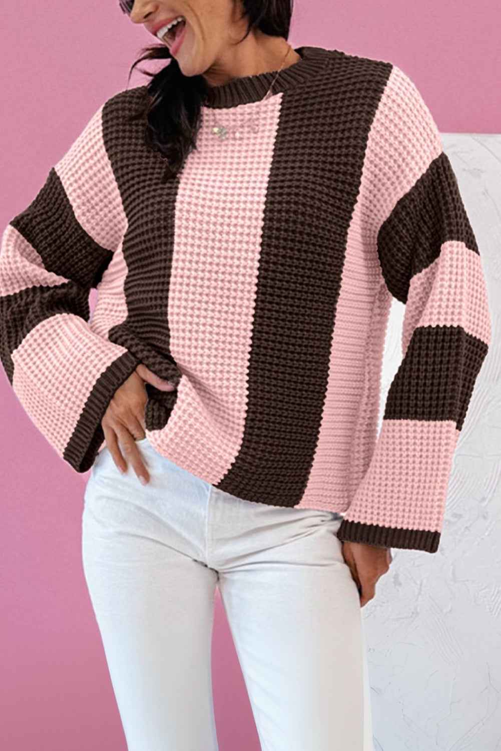 Myosotis Striped Color Block Thermal Textured Knit Drop Shoulder Sweater Fushia 55%Acrylic+45%Cotton 899c3610d84e7878