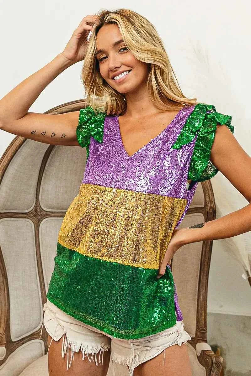 BiBi Mardi Gras Sequin Color Block Ruffled Top 899e101766c94e069be8d6415761f1c5-Max-Origin