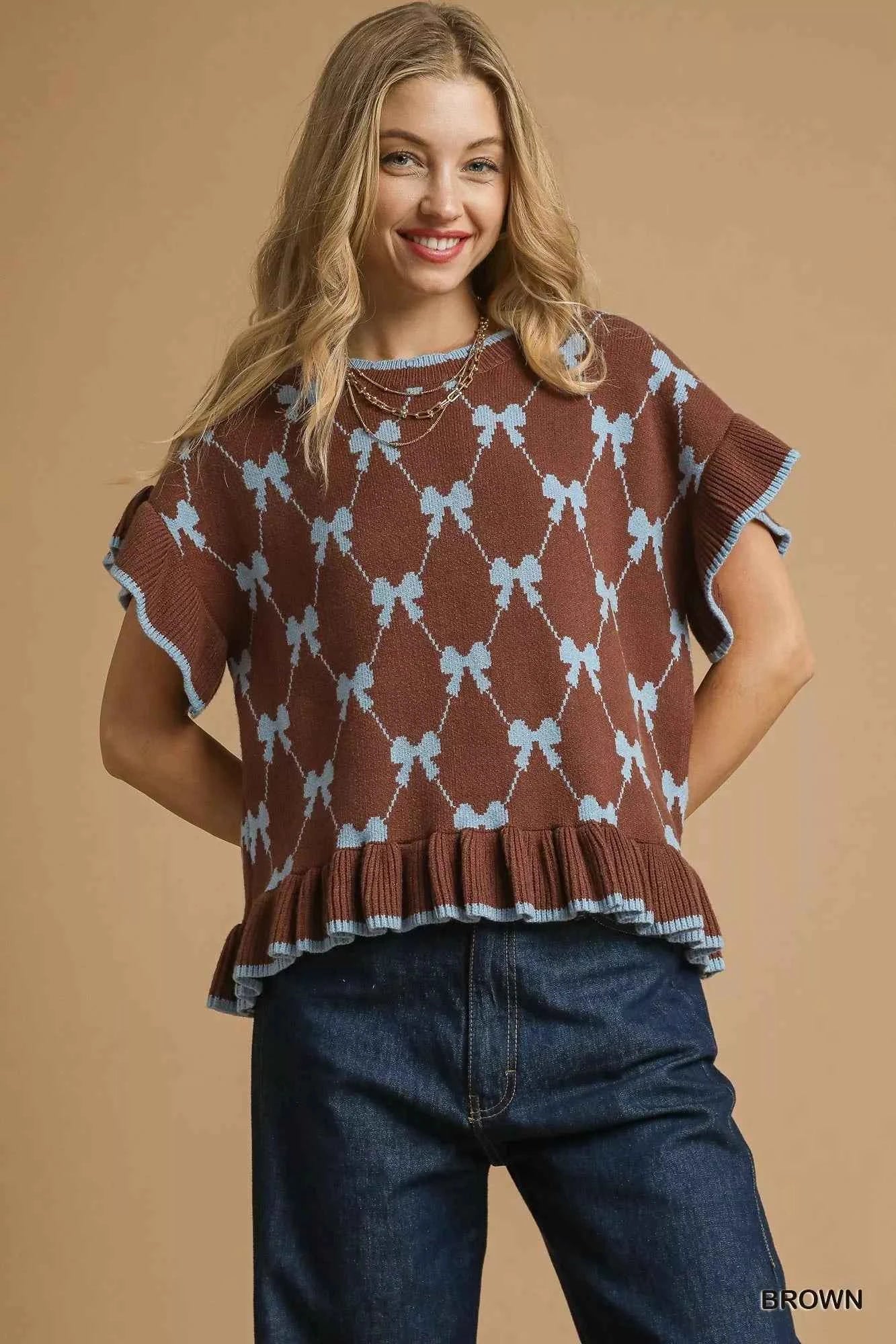 Umgee Bow Knit Ruffle Sleeve Sweater Brown 899f8240-e853-48ce-90a3-be1099f6796d-Max-Origin