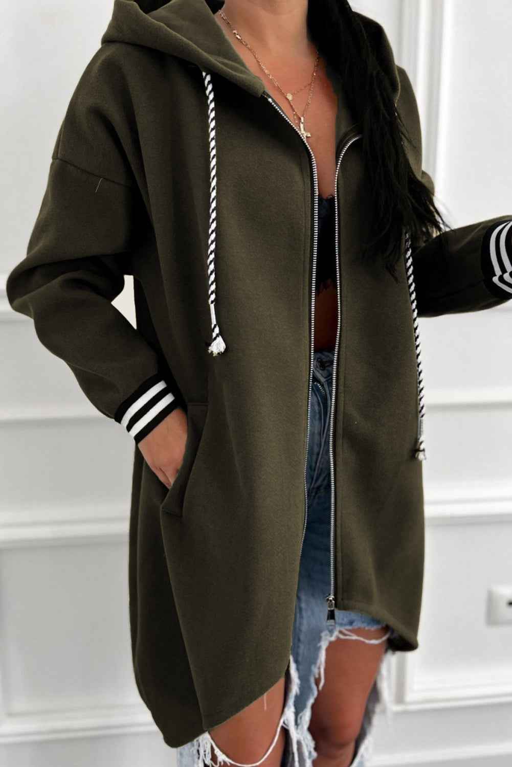 Dark Khaki Contrast Cuffed Drop Shoulder Zip up Tunic Hoodie 89a133fc382c4c17