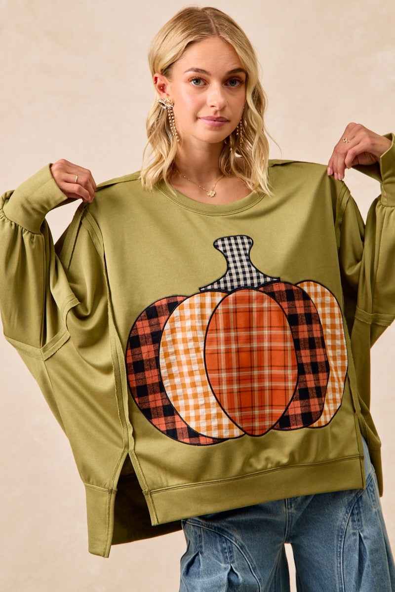 BiBi Plaid Mix Pumpkin Patchwork Cut Edge Detail Oversized French Terry Sweatshirt OLIVE 89a166fa-78b2-4755-8d9f-fdd39893fc55-Max