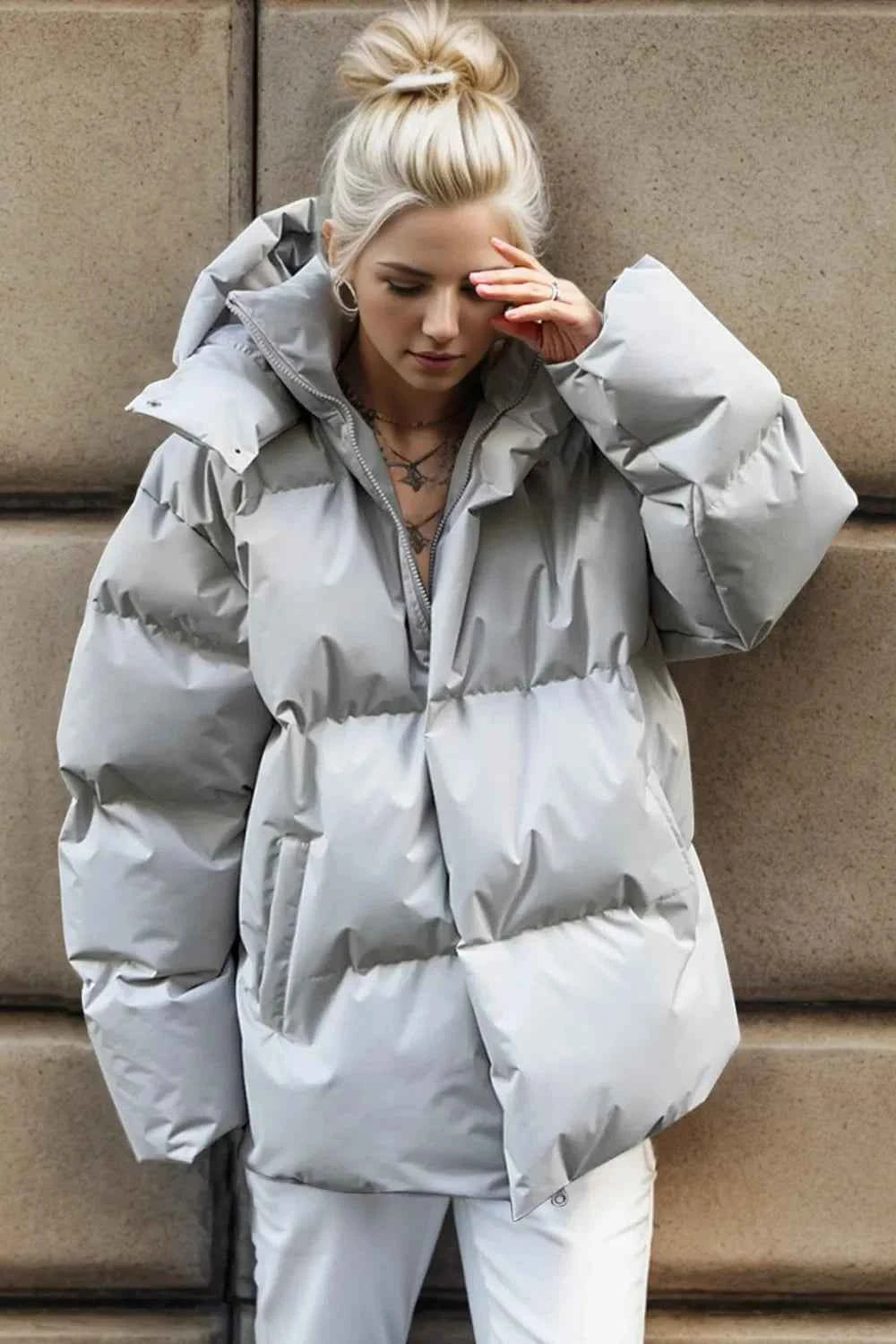 Pocketed Zip Up Hooded Puffer Jacket Light Gray 89a3efbe-5453-427e-ae11-9c1643f4ee6f-Max