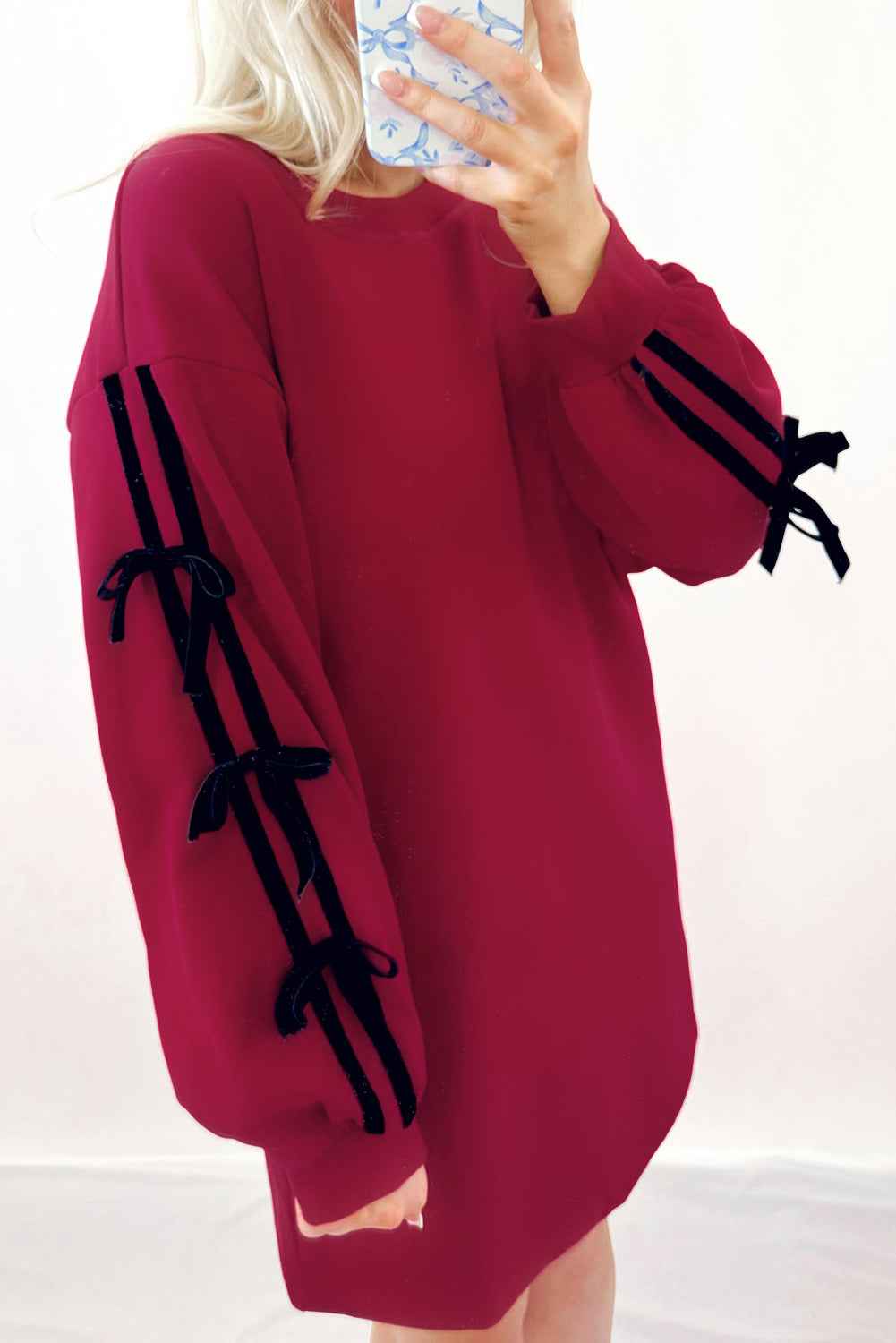 Racing Red Contrast Striped Bow Detail Drop Shoulder Sweatshirt Dress with Pockets 89a6d1a491314c3c