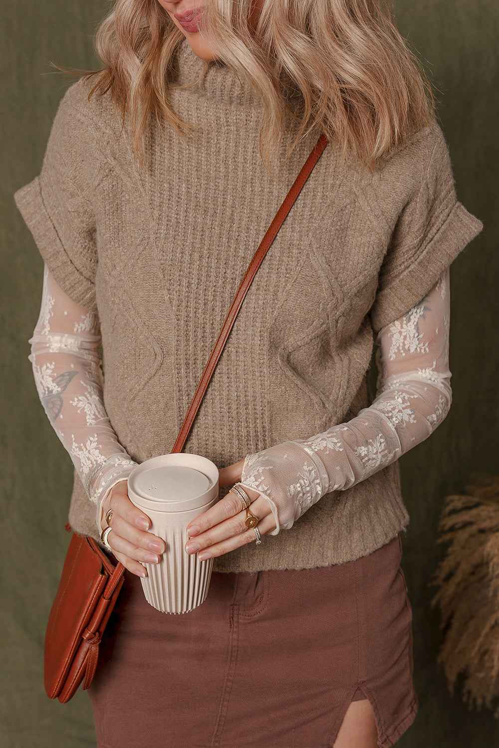 Smoke Gray Textured Knit Mock Neck Short Sleeve Sweater 89a8596e7b0df1d9