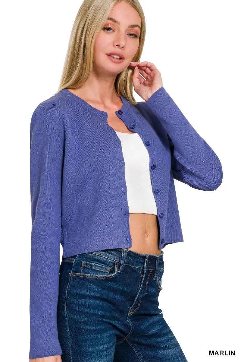 Zenana Button-Front Crewneck Long Sleeve Cropped Cardigan 89a974292851456f90c0c78f9430245f-Max-Origin