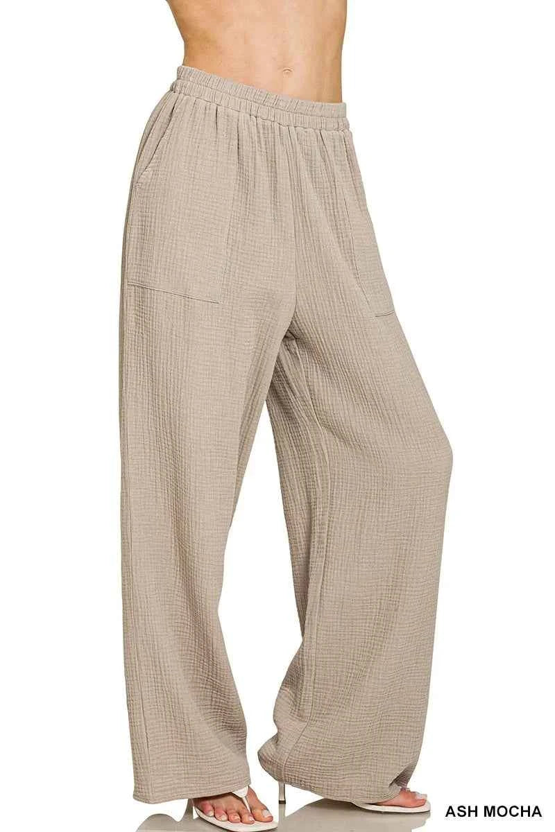 Zenana Double Gauze Elastic Band Pants ASH MOCHA 89ab8310a81e4c8eadb9a1cf3db89b5c-Max-Origin