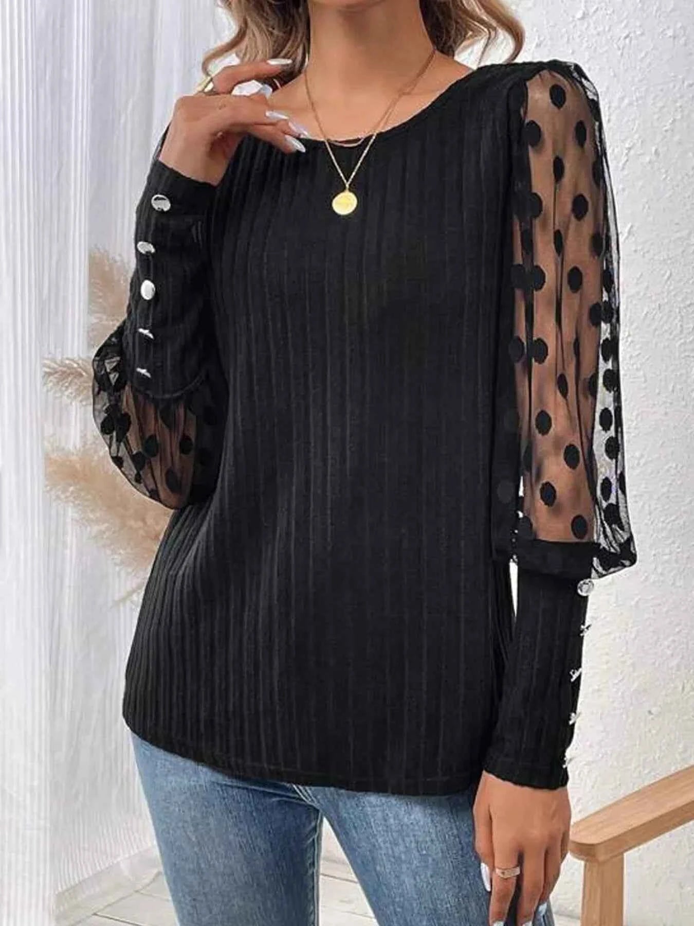 Polka Dot Sheer Sleeve Blouse 89af4712f8e1461c894b8224e0fc6d74-Max-Origin