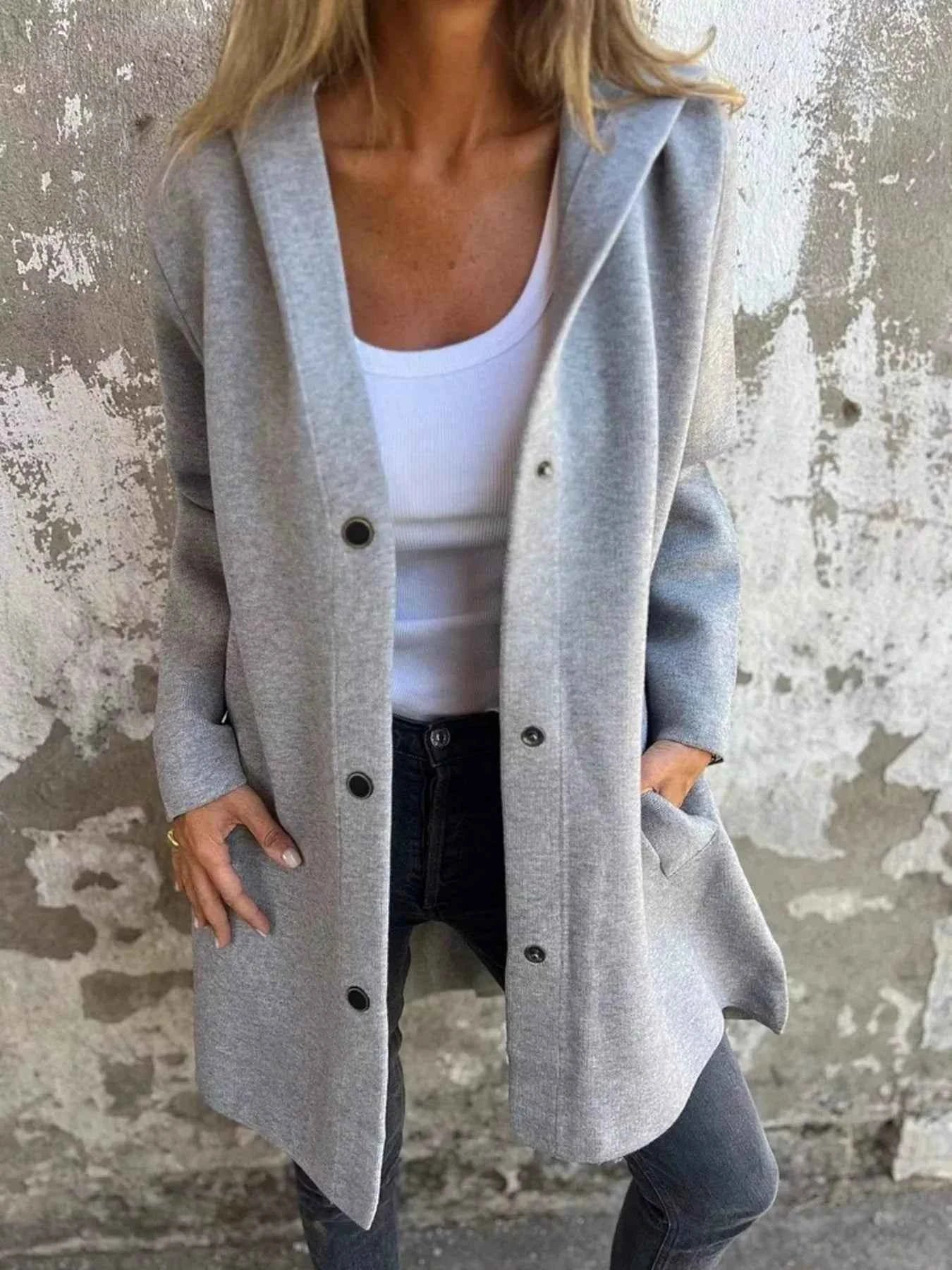 Full Size Snap Down Long Sleeve Hooded Outerwear Plus Size Gray 89b6f6f131e9411c993dba19073f61cd-Max-Origin