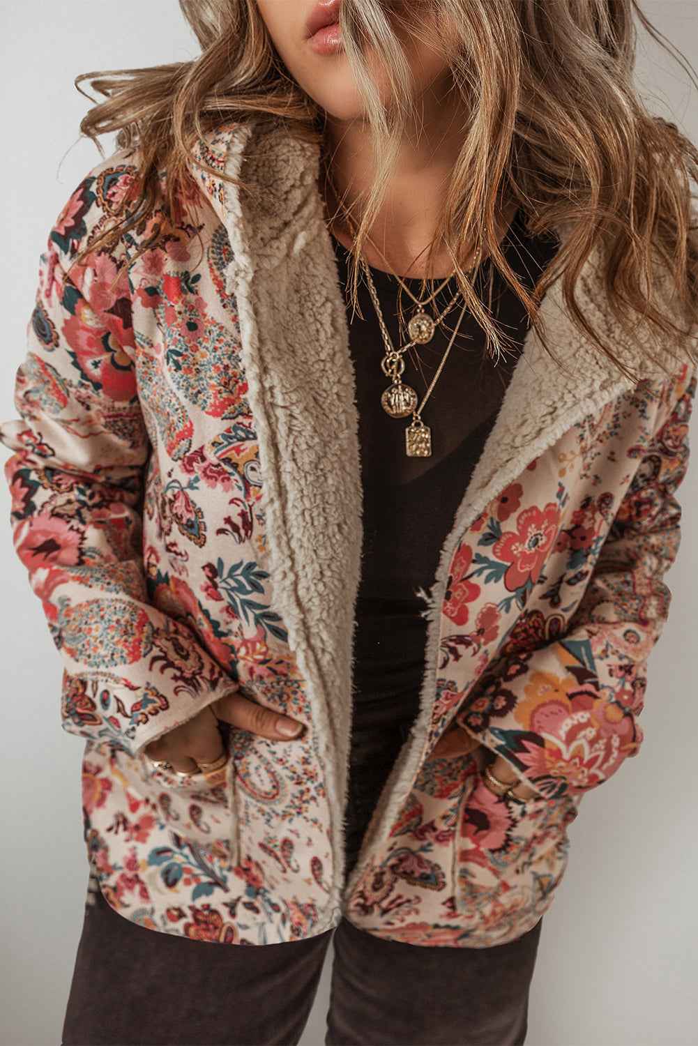 Beige Vintage Paisley Floral Printed Sherpa Lined Hooded Jacket 89b9524b52ff3fd2