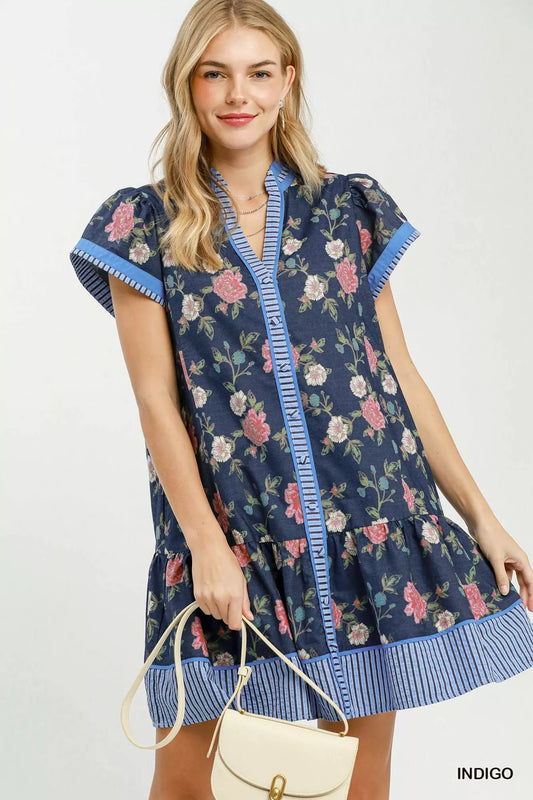 Floral Contrast Trim Ruffle Hem Mini Dress INDIGO 89ba639b-85d4-4686-bf3a-bd2e0913d57b-Max-Origin