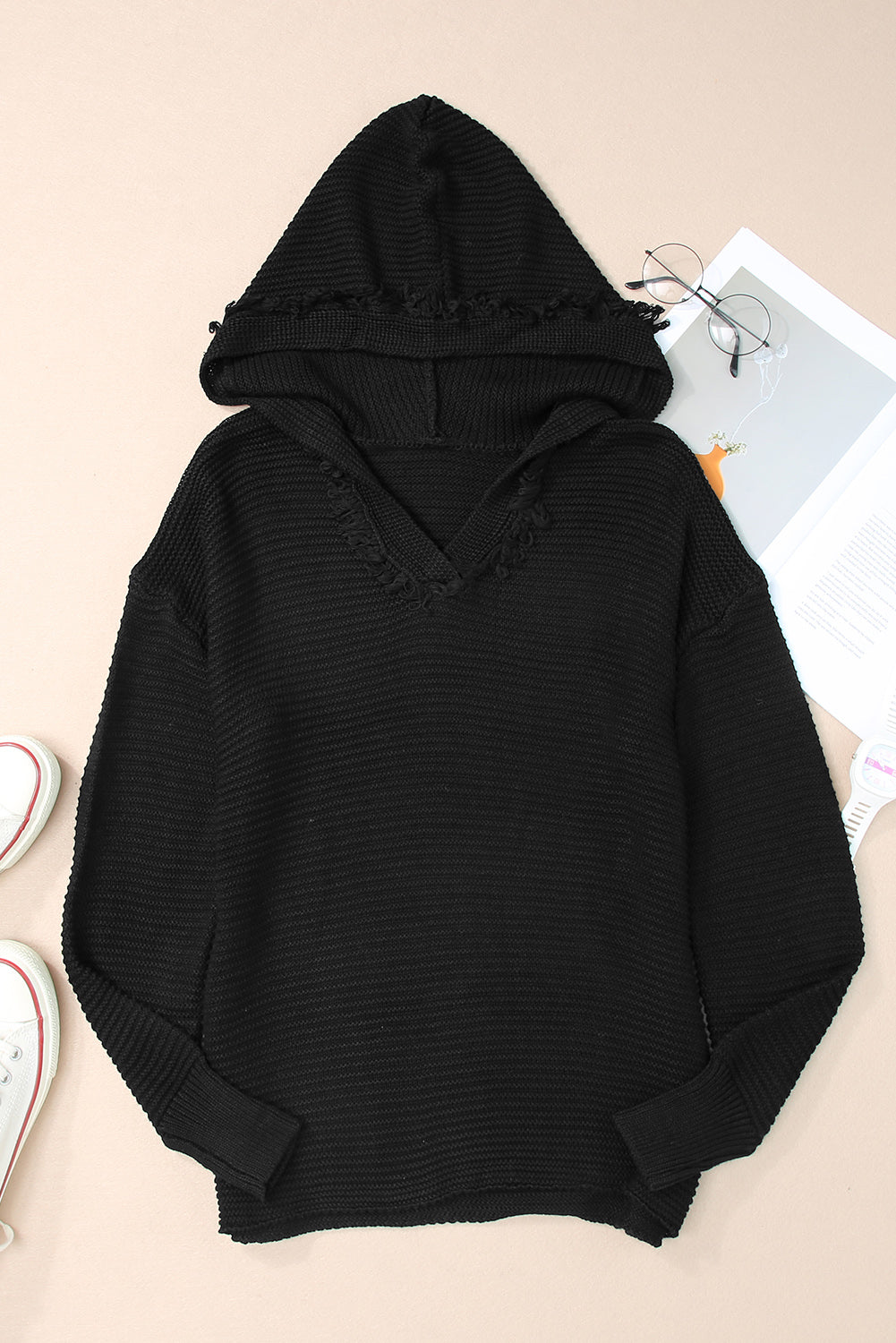 Purple Split V Neck Pullover Hooded Sweater 89bb7cada0aeaab6