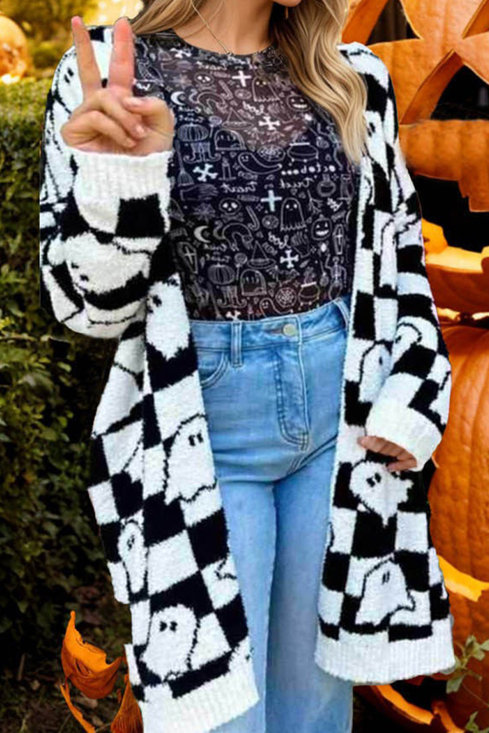 Black Halloween Ghost Pattern Mid length Knitted Cardigan 89bbb5acfe7af4c0