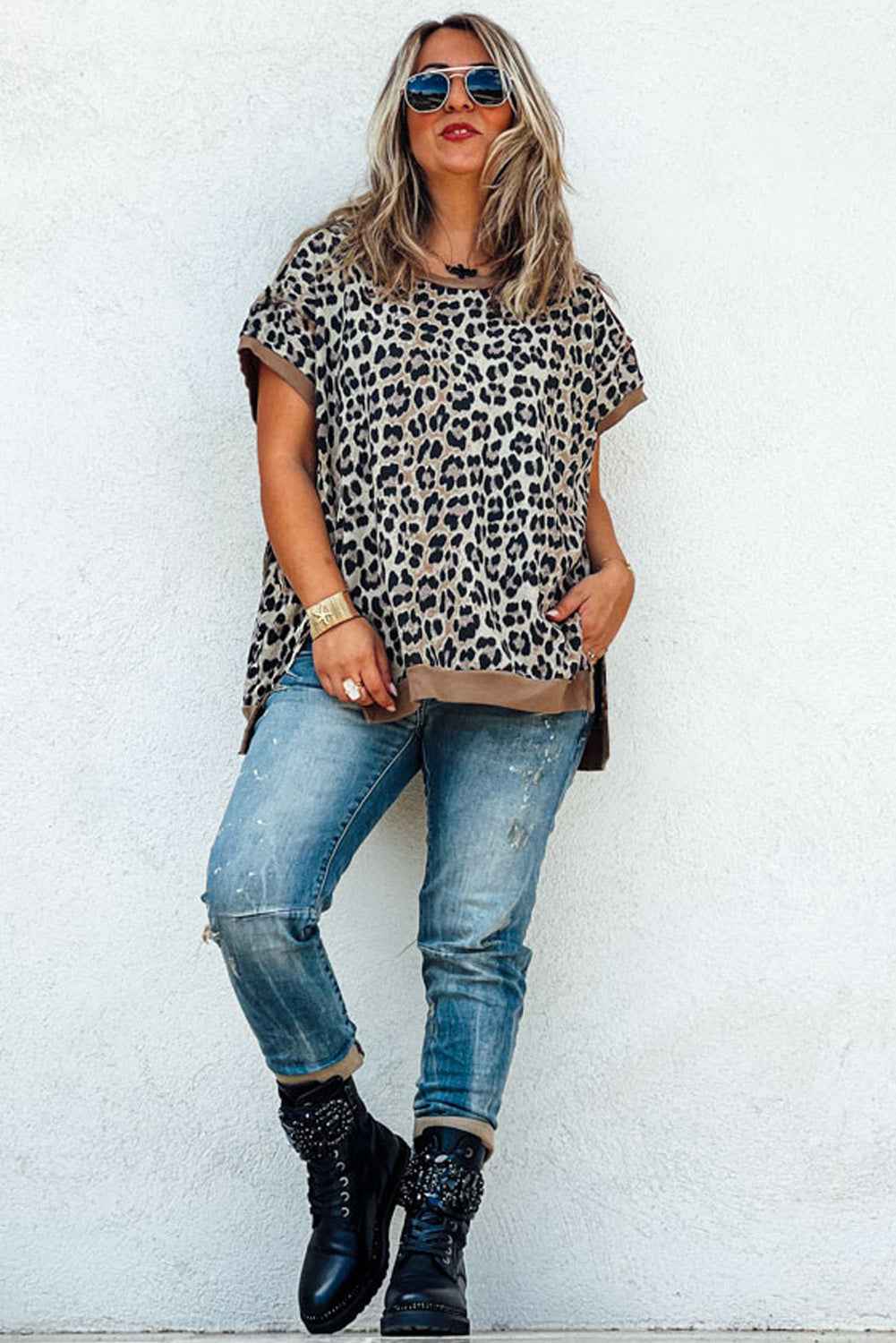 Khaki Leopard Contrast Trim Short Sleeve Loose Plus Size Top 89bee76e15a46559