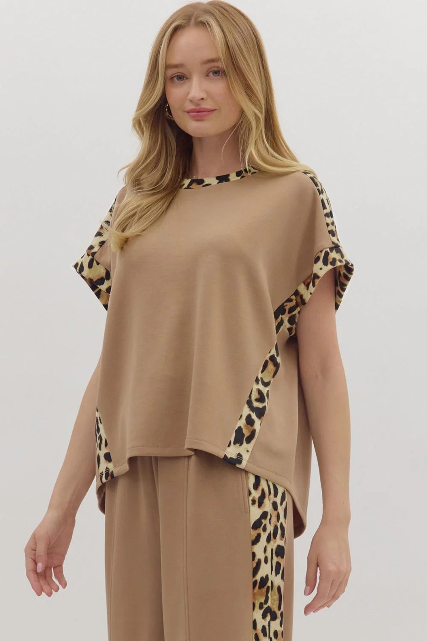 Sea Green Leopard Trim Round Neck Loose T Shirt 89c07c3085b64af7