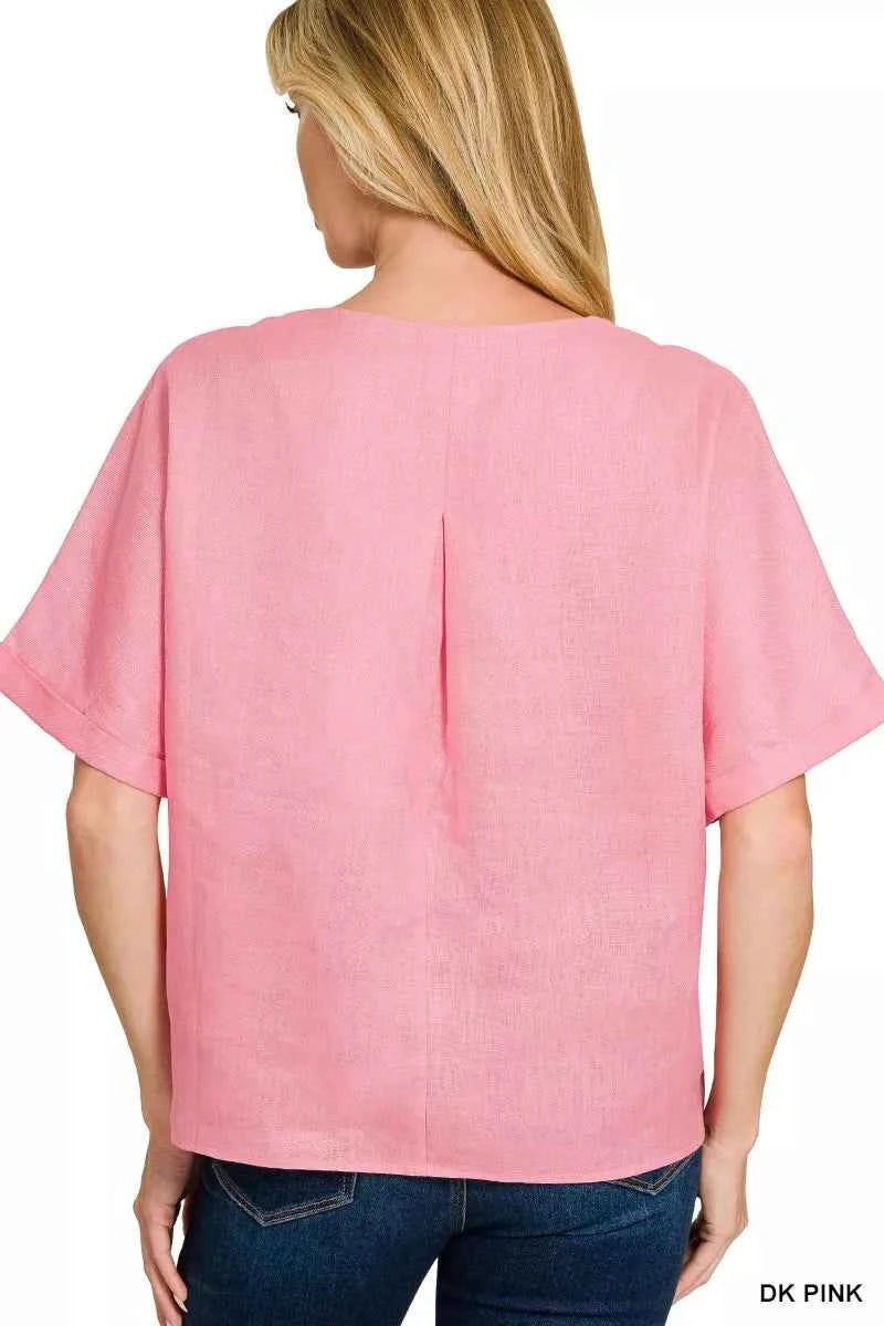 Zenana Linen V-Neck Cuffed Sleeve Top 89c19554b1b44f4aba0b42c7263be531-Max-Origin