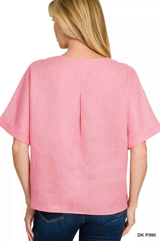 Zenana Linen V-Neck Cuffed Sleeve Top 89c19554b1b44f4aba0b42c7263be531-Max-Origin