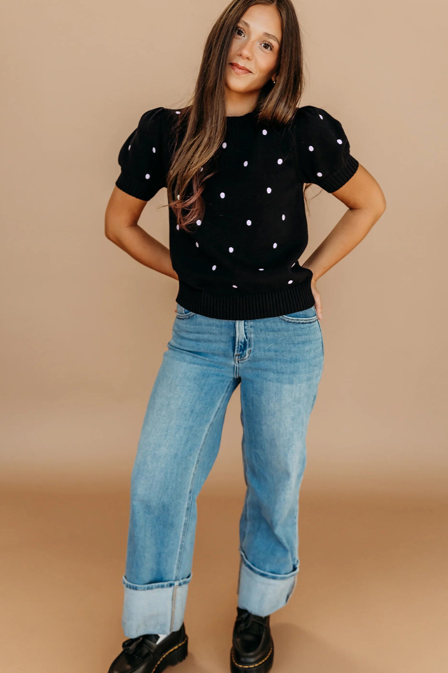 Black Elegant Polka Dot Bubble Short Sleeve Sweater 89cc10b3a5b33dc9