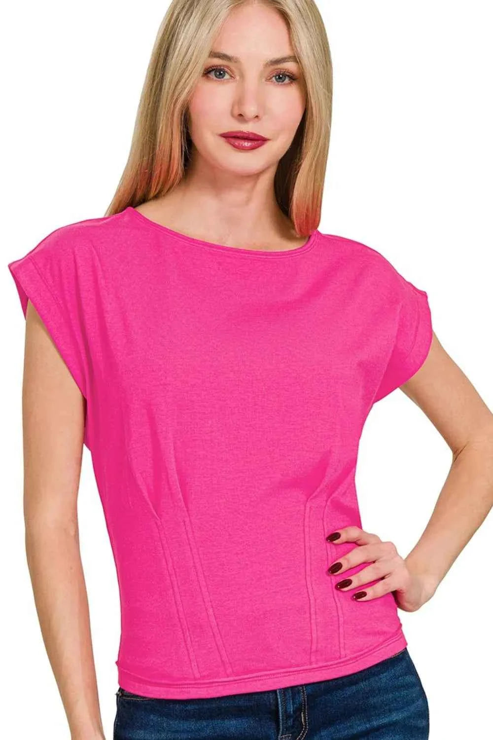 Zenana Gathered Waist Round Neck Top HOT PINK 89cc67ed-8d87-4ab6-b0dd-21c8f2283162-Max-Origin
