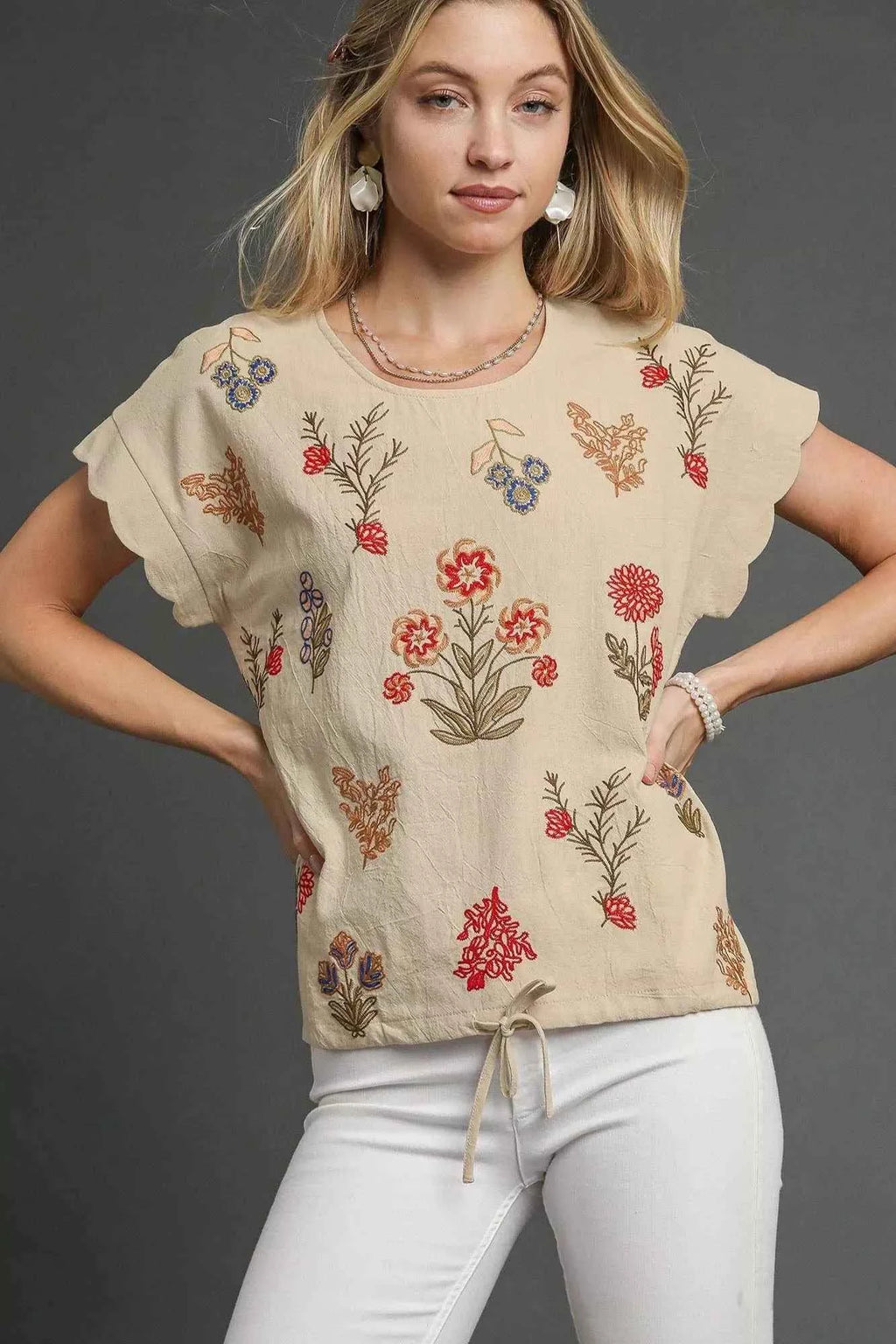 Umgee Embroidered Scallop Sleeve Top with Drawstring Hem OATMEAL 89cdcf8f-2aaa-4cc6-bb43-3476cedcad02-Max-Origin