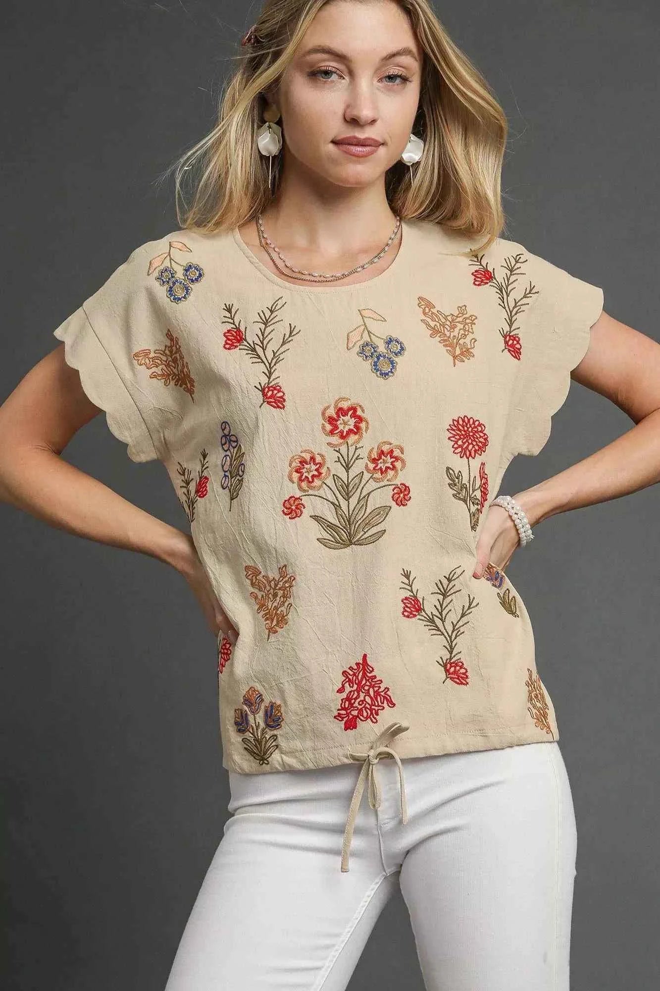 Umgee Embroidered Scallop Sleeve Top with Drawstring Hem OATMEAL 89cdcf8f-2aaa-4cc6-bb43-3476cedcad02-Max-Origin