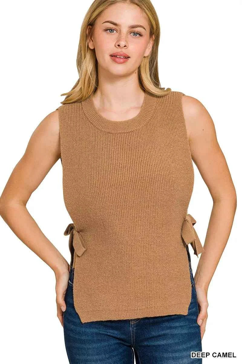 Zenana Side Tie Sweater Vest DEEP CAMEL 89ce1d65ccb84873be12b2f5a8b84111-Max-Origin