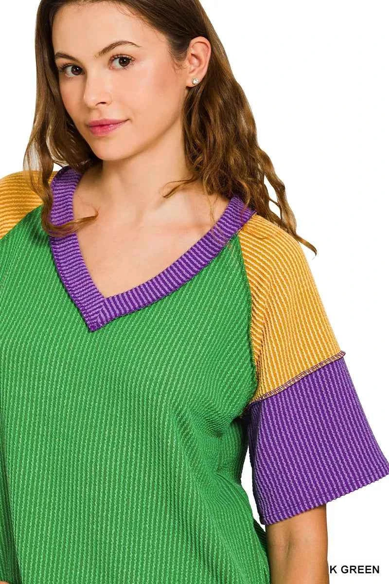 Mardi Gras Raised Rib Color Block Top 89cfe8de79f540df952842ed7cc44685-Max-Origin