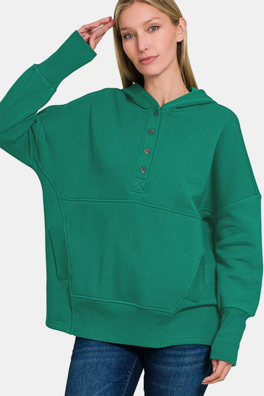 Zenana Half Snap Long Sleeve Hoodie with Kangaroo Pocket Dark Green 89d0ce3b-de92-4bf9-8ce7-b09ed40acd32-Max