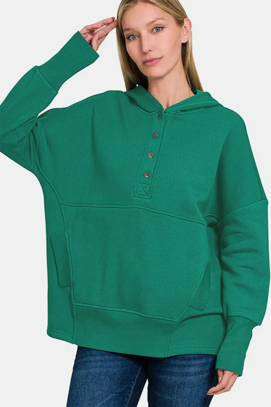 Half Snap Long Sleeve Hoodie with Kangaroo Pocket Dark Green 89d0ce3b-de92-4bf9-8ce7-b09ed40acd32-Max