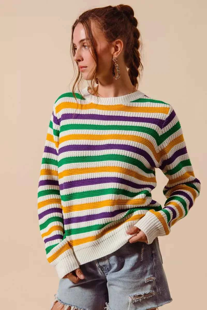 SO ME Mardi Gras Color Stripe Knit Sweater Top 89d3ed6cb9544967a7a2c51129f7e9ff-Max-Origin