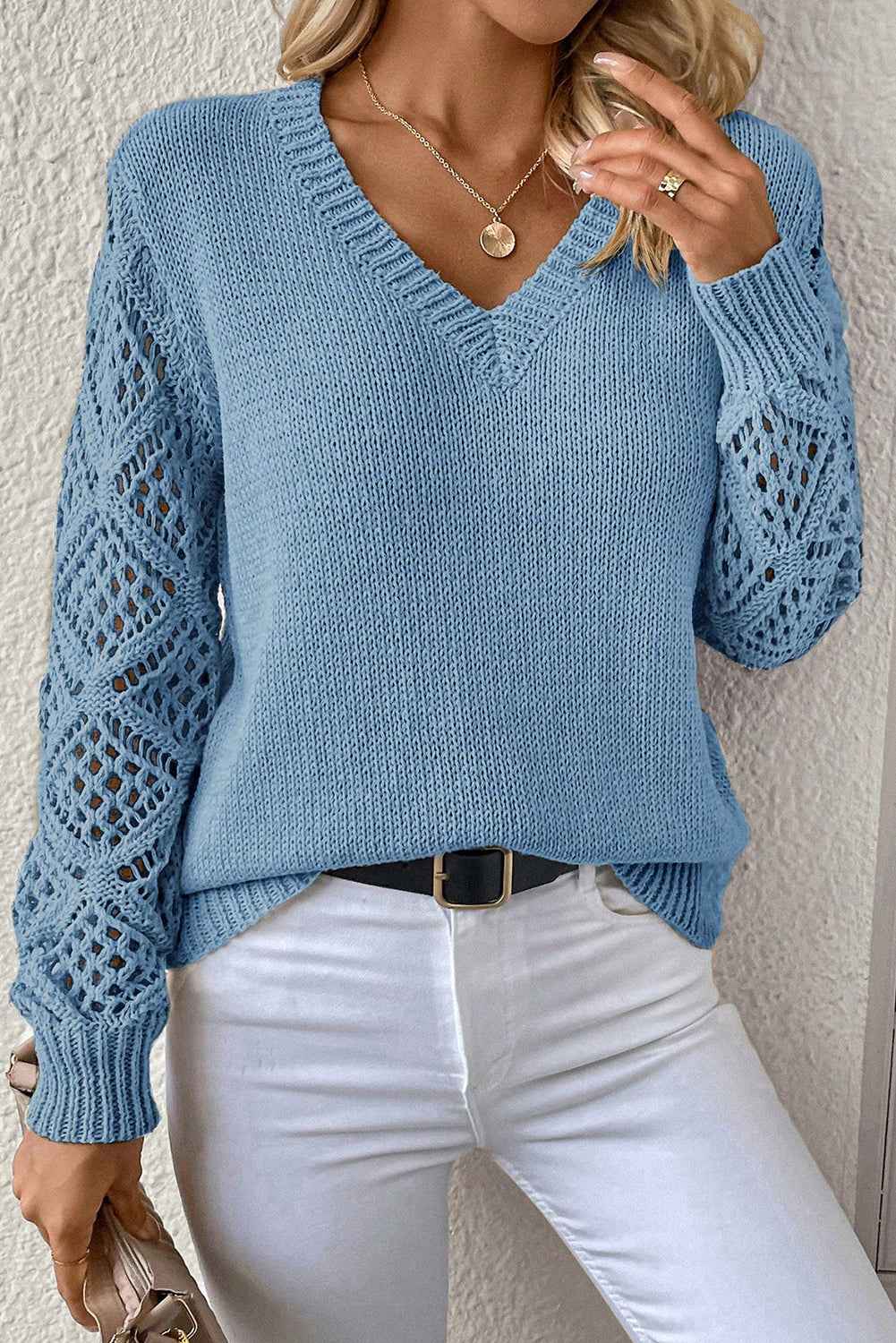 Beau Blue Solid V Neck Pointelle Knit Sleeve Patchwork Sweater 89d6b57897adc963