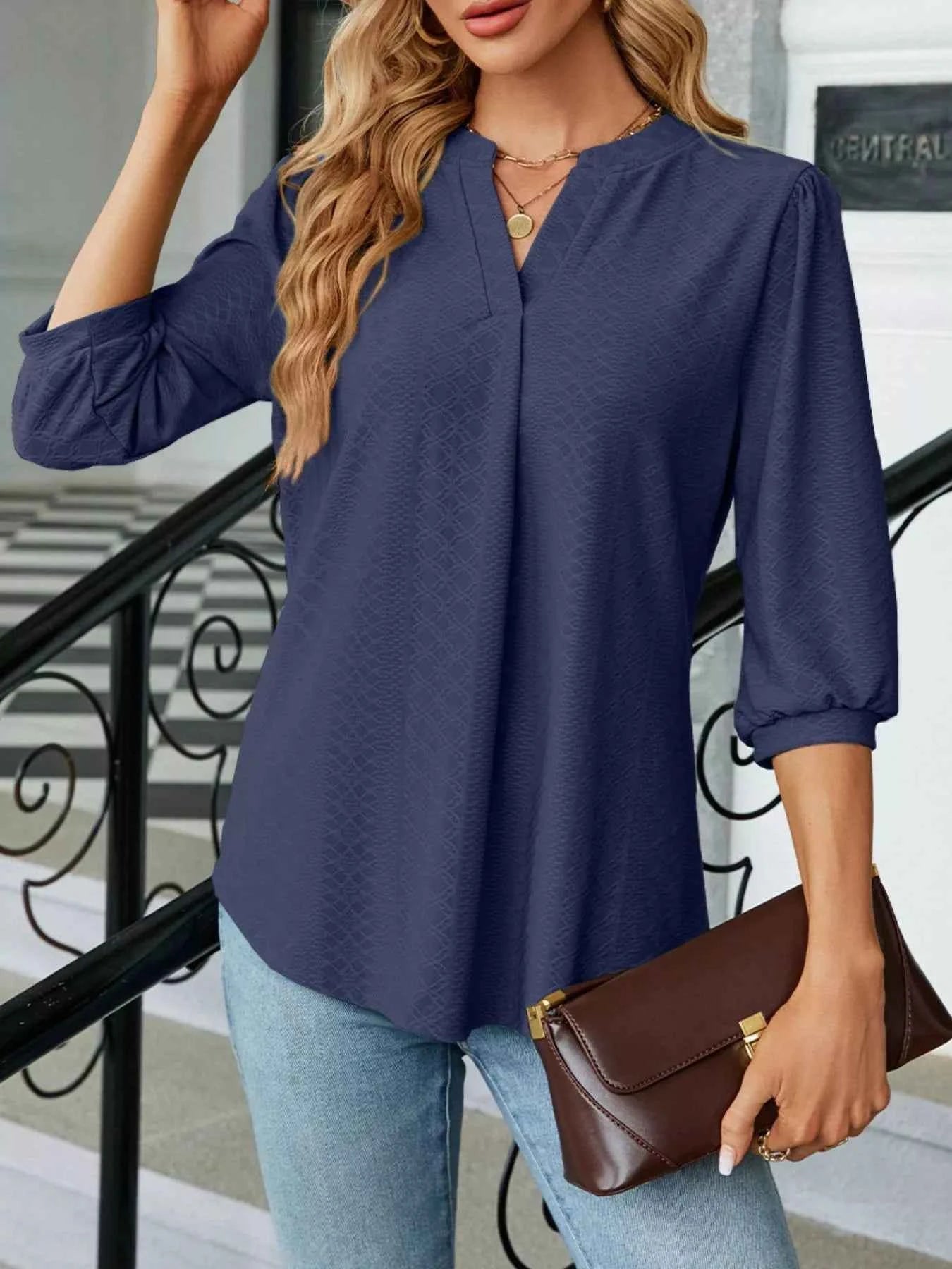 Notched 3/4 Sleeve Casual Top Indigo 89d93901-d731-4361-a76f-b4052e392245-Max-Origin