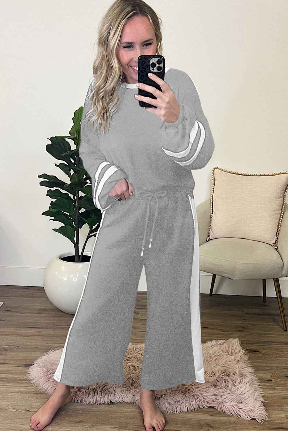 Mineral Red Varsity Stripe Patchwork Puff Sleeve Pullover Drawstring Wide Leg Pant Set 89dbbf3698dd446a