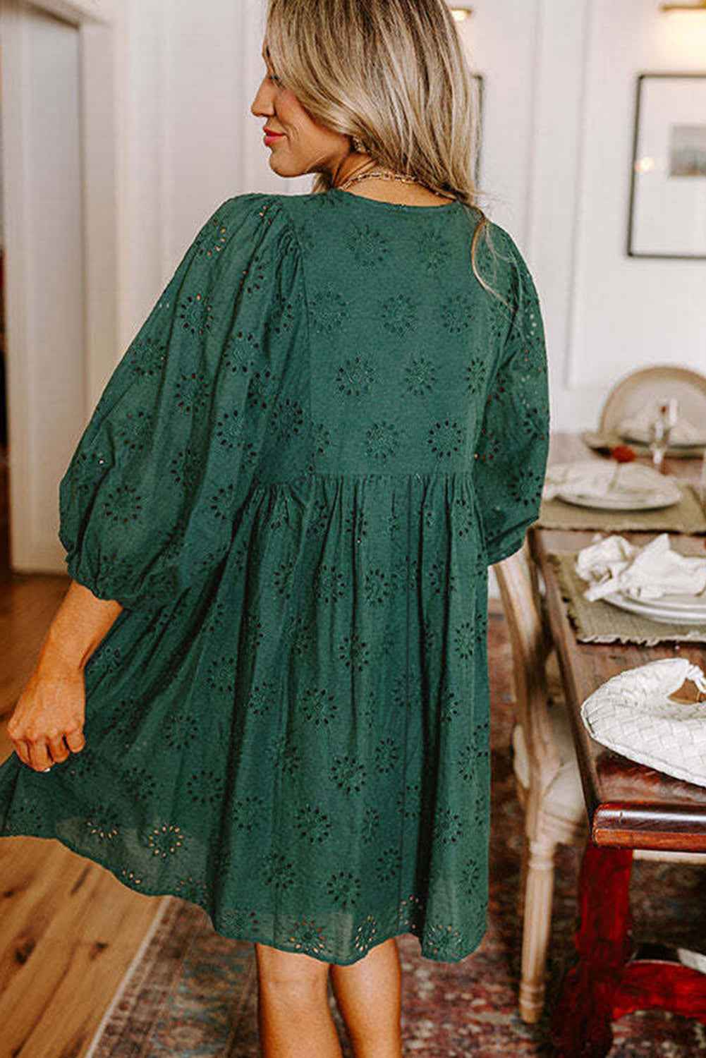 Blackish Green Embroidered Eyelet Pattern Puff Sleeve Mini Dress 89de20948a549963