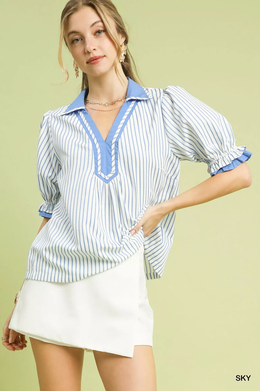 Umgee Seersucker Stripe Ruffle Sleeve Top SKY 89e03f58-8d9f-47d9-9eff-863248ba4f96-Max-Origin