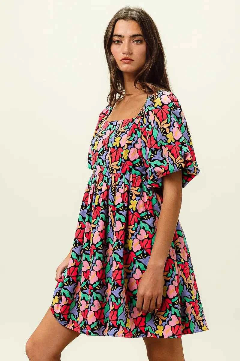 Floral Print Puff Square Neck Dress 89e23373d3d34500bfb9b115beb75fa2-Max-Origin
