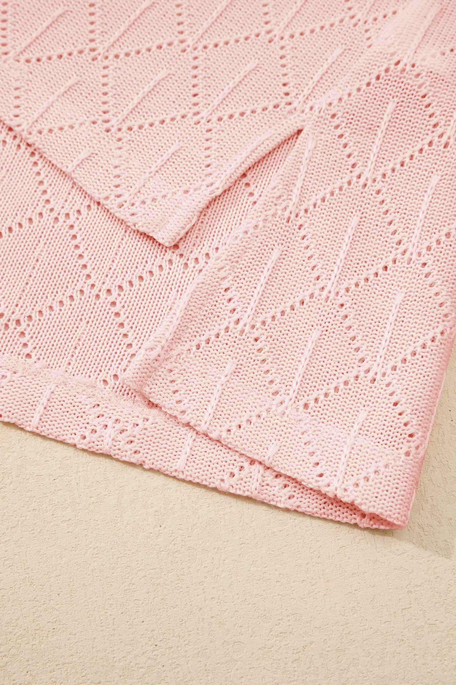 Light Pink Pointelle Rhombus Knit Plus Size V Neck Loose Top 89e297bc2632bb87