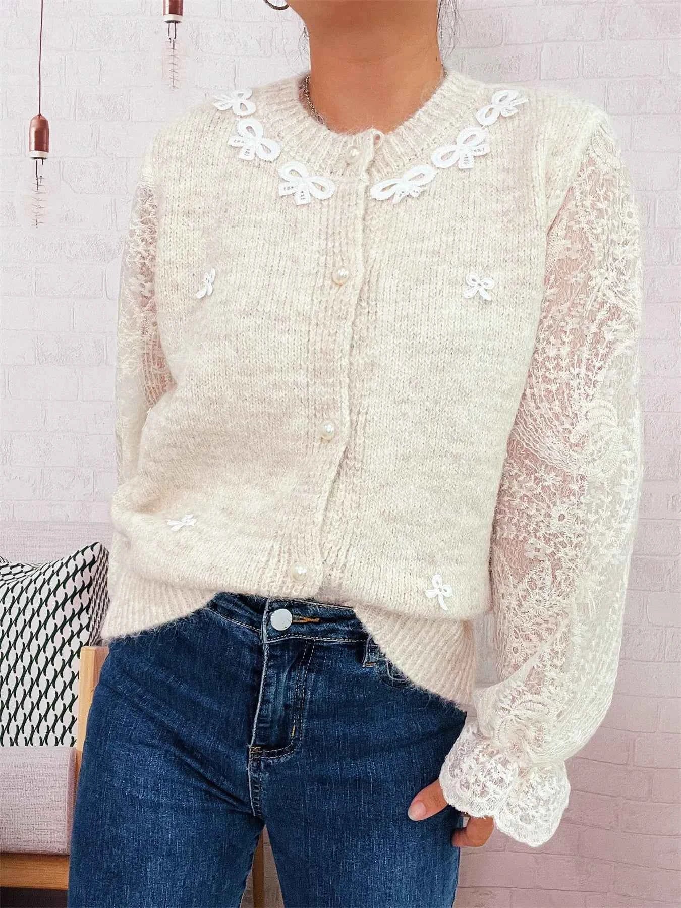 Lace Sleeve Button-Up Cardigan 89e3ea7bffa74f188f0a8450d2cf7713-Max-Origin